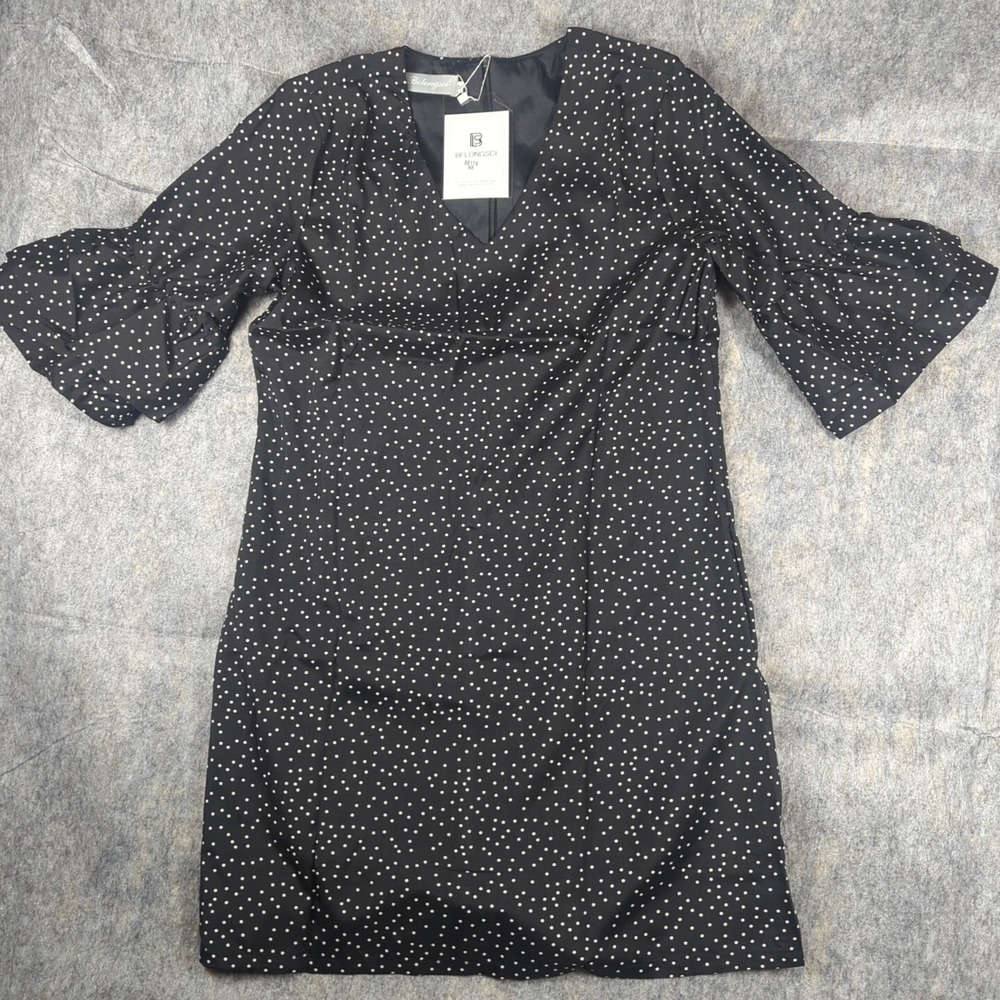 Belongsci  Tunic Dress, Bell Sleeves, Black With White Polka Dot Pattern, Medium